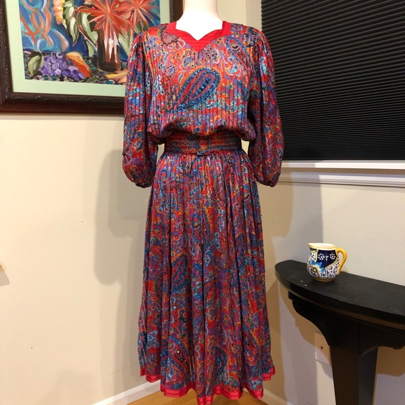 Diane Freis Red Holiday Dress Paisley Rich Gypsy Bohemian Style -Xmas OSFM - Picture 13 of 13